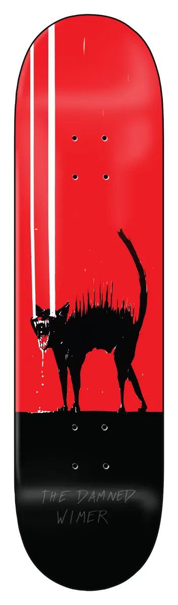 Zero Wimer - The Damned 8.0 skateboard deck: Black ink cat with arched back and bristling fur, snarling and dripping saliva, with two white vertical beams shooting from its eyes, on a red upper deck above a black base. Title and rider name in scratchy lettering.