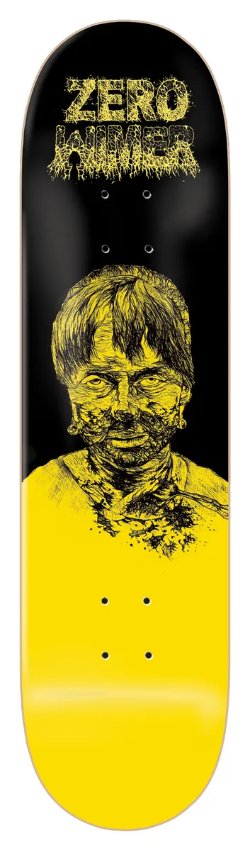 Zero Wimer - Zombie 8.5 skateboard deck: Black deck with a yellow pen-style drawing of a decaying zombie man with a bloodied neck, under dripping yellow lettering. Lower half is solid yellow.