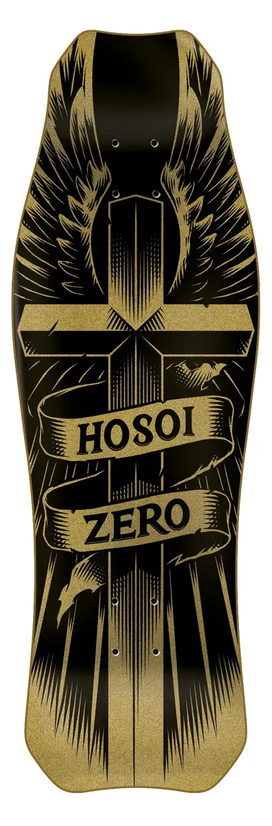 Zero Wings Of Glory Hammerhead Gold - Hosoi skateboard deck: A winged cross in black line-work with radiating beams, crossed by a scroll banner reading 'Hosoi Zero', all on a black deck with gold glitter print. Shaped hammerhead nose.