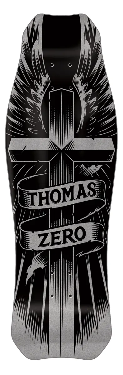 Zero Wings Of Glory Hammerhead Silver - Thomas skateboard deck: A winged cross in black line-work with radiating beams, crossed by a scroll banner reading 'Thomas Zero', printed on a black deck with a silver glitter finish. Shaped hammerhead nose.