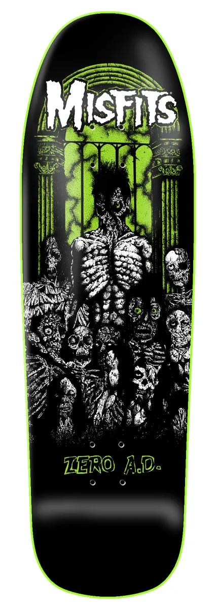 Zero A.d. - 9.5 skateboard deck: Black shaped deck with a Misfits logo at the top and a drawn crowd of zombie-like skulls and figures around a spiky-haired corpse before a green arched gateway, with a green outline around the edge.
